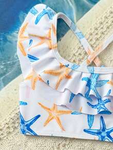 Cute & Fresh Starfish Print Top With Flounce Design Baby/Toddler Girls Swimsuit Set 2 Piece Baby Swim Suit Beach Baby Outfit Toddler 2 Pc Swimsuit Bikini Set For Baby Ocean Baby Clothes Under The Sea Bathing Suit Toddler Girl Baby Mermaid Swimsuit Baby Girl Ocean Print Toddler Swimsuit Starfish
