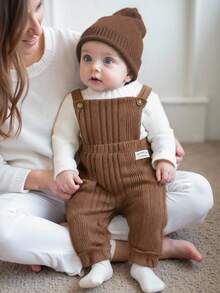 SHEIN 2pcs Baby Boy Textured Fleece Stand Collar Long Sleeve Top And Bib Overalls Set New Born Fall Baby Outfit Newborn Baby Boy Brown Baby Boy Outfit Mocha Baby Clothes Baby Knit Jumpsuit Brown Baby Boy Jumpsuit
