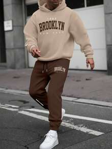 Manfinity Homme 男士纽约标语印花休闲卫衣和运动裤两件套，秋冬男装