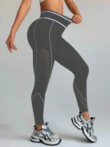Slayform 女士不对称腰部镂空设计休闲健身紧身裤 - 深灰色 - 查看 8
