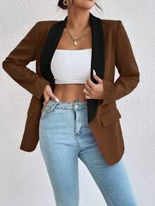 SHEIN Unity Women's Contrast Color Shawl Collar Pocket Business Formal Blazer - Brown - View 5