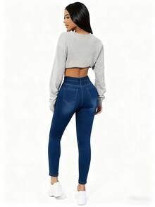 Jeans ajustados sexys para mujer] Jeans ajustados sexys para mujer, tejido elástico de mezcla de viscosa, color liso, con detalle de botón, para pantalones tejidos de otoño/invierno - Azul - Ver 4