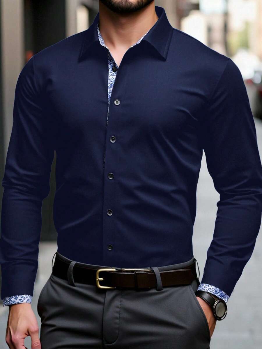 Manfinity Mode Men's Single-Breasted Casual/Business Long Sleeve Shirt - Navy Blue - View 1