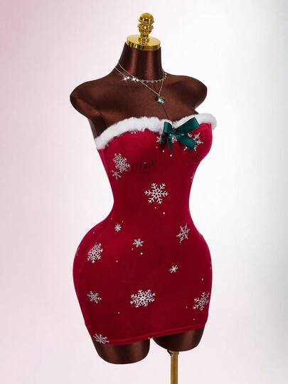 Amplova Vestido mini de terciopelo para mujer, sexy y vanguardista, adecuado para disfraz de Halloween, sexy y lindo disfraz de Halloween, cuello con contraste de piel, lazo, decoración con lámina de copos de nieve, adecuado para fiesta, cálido para otoño/invierno, Navidad y Año Nuevo