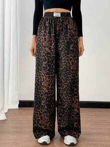 SHEIN Tall 女士豹纹编织腰带拼接阔腿街头裤 - 咖啡棕 - 查看 3