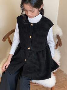 DAZY Áo khoác vest viền bèo nhún một hàng khuy trơn màu dành cho bé gái tuổi mới lớn - màu đen - Xem 6