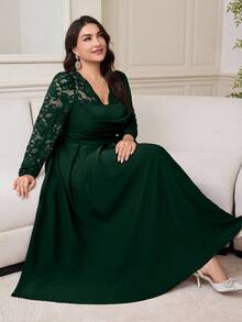 Modelyn 大码优雅派对纯色蕾丝拼接连衣裙 - 墨綠色 - 查看 4