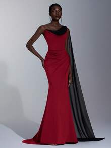 Elitara Elegante y lujoso vestido maxi con cola, de punto elástico en color café oscuro combinado con gasa plisada negra, con hombro asimétrico, manga abullonada y abertura sexy, para eventos formales de mujer - Burdeos - Ver 7