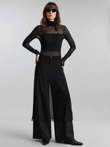 Ontre 2026春夏女装长袖收腰透视网纱中长连衣裙，优雅宽松版型，适合春夏穿着，场合：情人节、度假、派对、工作、办公室、商务休闲、日常穿着、都市时尚 - 藏蓝色 - 查看 3