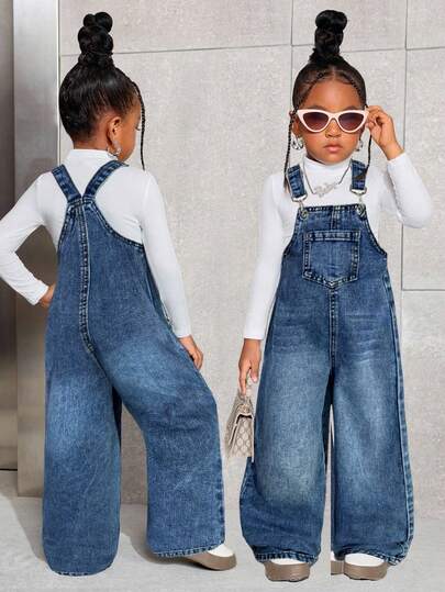 SHEIN Young Girl Navy Blue Pocket Wide Leg Loose Casual Denim Bib Pants