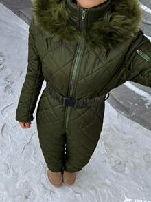 SHEIN EZwear 白色毛绒帽和加厚连体衣，适合秋冬季雪地玩耍。 - 軍綠色 - 查看 5