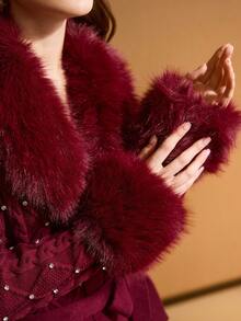 MOTF PREMIUM ÁO KHOÁC CỔ LÔNG DỆT KIM CƯỜNG CÓ THẮT LƯNG ĐÁ NHÂN DÀNH CHO NỮ, MÙA THU/ĐÔNG - Màu Đỏ Sâu - Xem 3