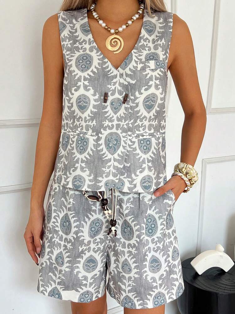 Women's V-Neck Floral All-Over Print Bohemian Style Vacation Crop Top 2-Piece Set, Summer