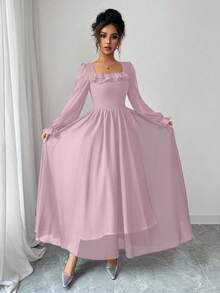 Modelyn French Style Waist Cinching Square Neck Ruffle Hem Dress - Pink - View 4