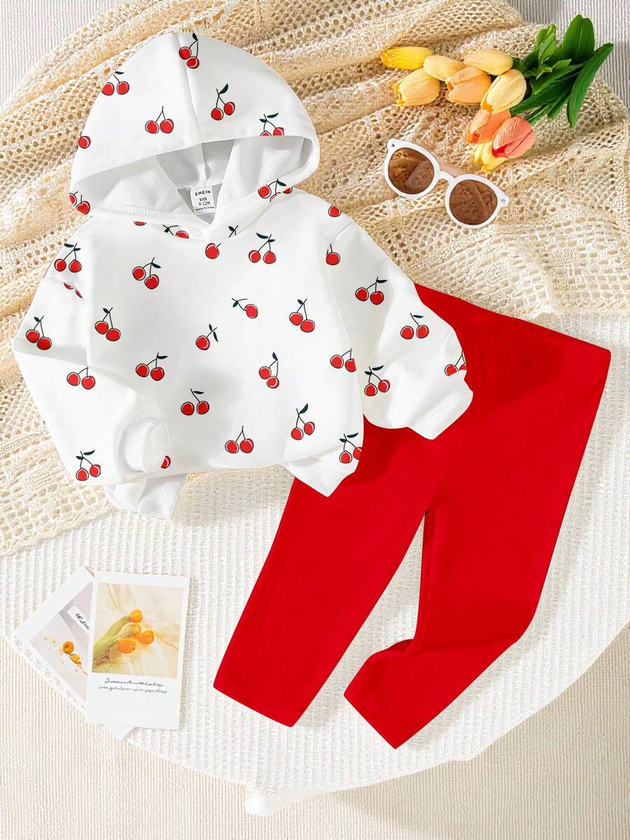 SHEIN Playful Pals 2件組女嬰0-3歲甜美櫻桃印花連帽衛衣與內搭褲套裝,白色與紅色,秋季可愛度假休閒時尚穿搭套裝 - 彩色 - 查看 1