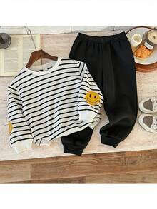 男童针织条纹圆领卫衣和裤子套装（2件套） - 黑與白 - 查看 4