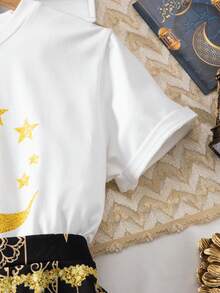 SHEIN Explorewe Tween Girls' Two Pieces Suit; Middle Eastern T-Shirt + Skirt Two Pieces Suit; Moon And Star Print, Simple And Versatile - Black - View 6