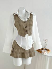 Elamini 返校格子V领纽扣设计背心和低腰百褶裙套装 - 棕色 - 查看 4