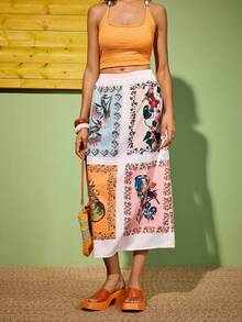 Felipe Marques Women's Floral Print Skirt, Casual For Vacation, Party, Bohemian Style, Autumn/Winter - Apricot - View 4