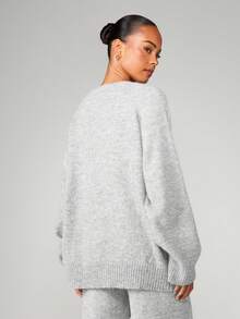 MISSGUIDED Oversized Knit Sweater With Embroidered Logo Cozy Pullover Jumper Fall Winter Casual Loungewear - Light Grey - View 2