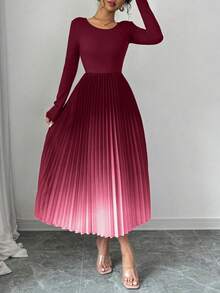 Elenzga 渐变色优雅连衣裙，饰有镂空褶皱设计，性感女士长款连衣裙套装 - 酒紅色 - 查看 7