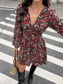 Serisse Women's Casual Vacation Floral Print V-Neck Lantern Sleeve Ruched Waist Short Dress, Spring/Autumn,Casual Dresses For Women, Floral Dress For Women ,Casual Dress For Women ,Beach Dress For Women ,New Year Clothes; Holiday Resort - Multicolor - View 3