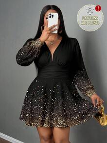 Slaydiva Elegant Gold Gradient Sequin Plus Size Dress, Suitable For New Year Party/Christmas Dress - Multicolor - View 3