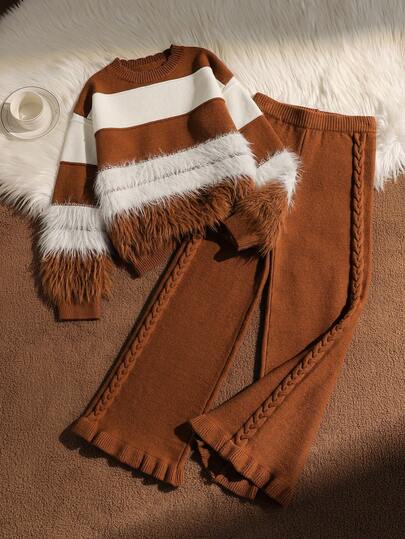 Elladie kids 两件套女童红色圣诞条纹针织毛衣上衣，毛茸茸的圆领和荷叶边下摆针织裤套装，休闲保暖舒适，适合冬季日常穿着