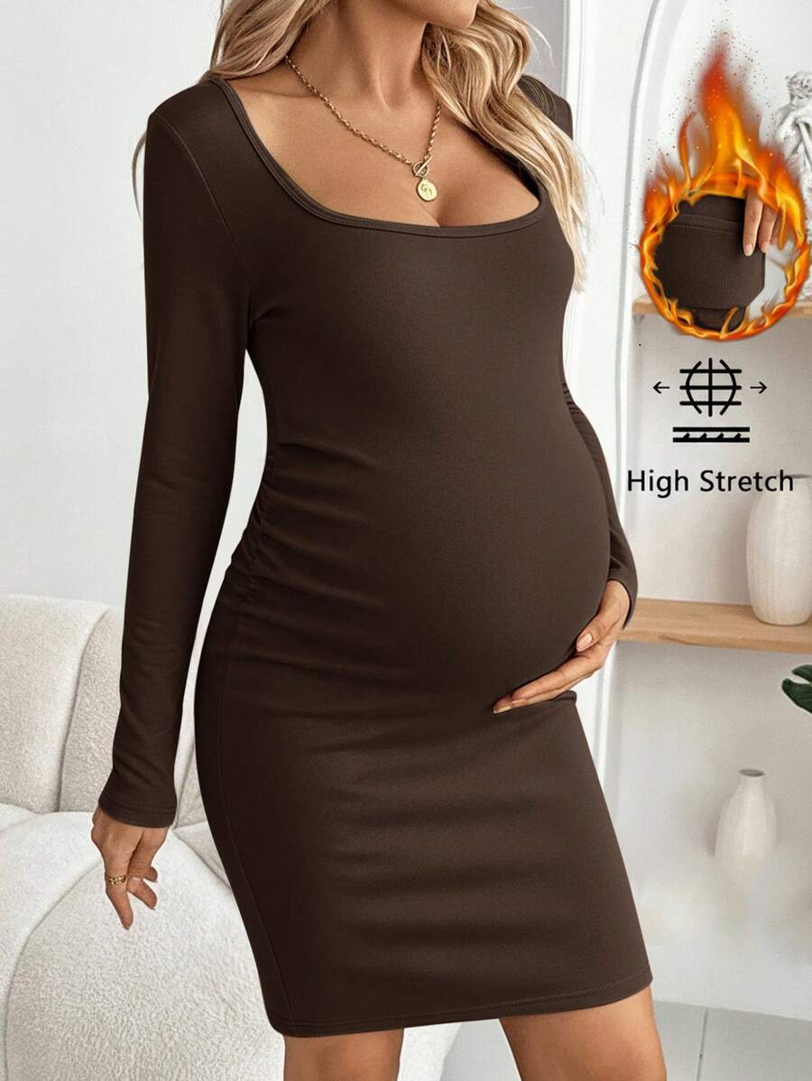 SHEIN 孕妇纯色长袖褶皱修身连衣裙，秋冬季 - 咖啡棕 - 查看 1