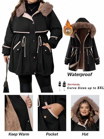 SHEIN CURVE+ Plusstorlek Dam Casual Svart Långärmad Huva Pälskrage Fodrad Dragsko Midja Slim Fit Varm Bomullsparka Med Multifunktionella Fickor, Bekväm Och Hudvänlig, Lämplig För Nyår/2026/Nyår