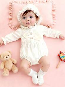 SHEIN 可爱蝴蝶结公主连体衣，适合女婴，新生儿可爱服装，100天适用，春秋季 - 米色 - 查看 1