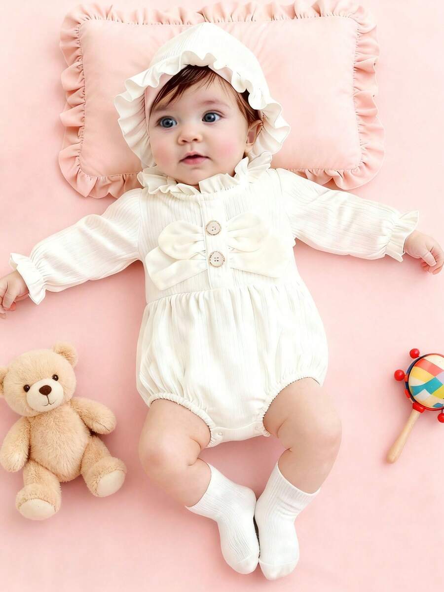 SHEIN 可爱蝴蝶结公主连体衣，适合女婴，新生儿可爱服装，100天适用，春秋季 - 米色 - 查看 1