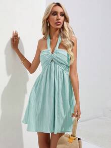 GENKIRA Tie Backless Halter Neck Dress - Baby Blue - View 3
