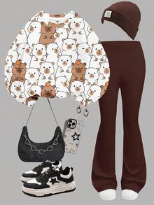 SHEIN Leap Crew 两件套少女彩色水豚卡通动物印花休闲舒适加厚宽松圆领卫衣和喇叭裤套装，适合秋冬季节，轻松舒适，秋冬季叠穿，时尚少女，休闲装，儿童印花服装，返校季，秋季服装，返校节 - 彩色 - 查看 3
