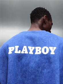 PLAYBOY X SUMWON 男士宽松水洗皇家蓝卫衣，带Logo和背面文字印花，休闲套头衫 - 藍色 - 查看 5