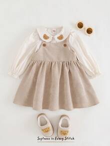 Cozy Pixies 2pcs Baby Girl Cartoon Bear Pattern Collared Long Sleeve Cardigan Shirt & Bib Overall Dress Set - Khaki - View 8