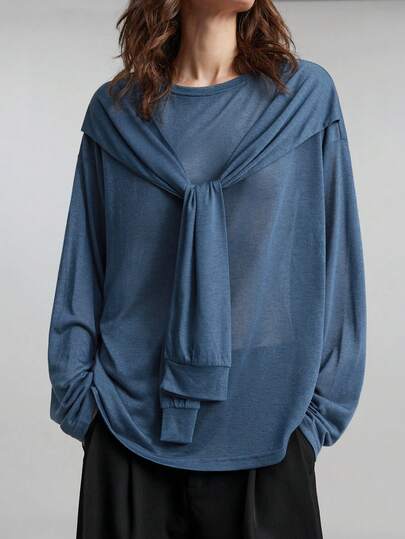 Ontre Women's Loose Crew Neck 2 In 1 Long Sleeve T-Shirt, Urban Commute Business Casual, Autumn/Winter