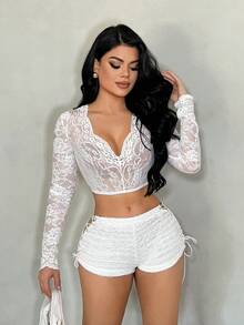 SHEIN SXY 女士深V领性感透视白色蕾丝长袖上衣 - 白色 - 查看 4