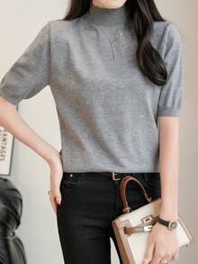 EMERY ROSE 女士纯色高领短袖休闲针织上衣 - 淺灰色 - 查看 5