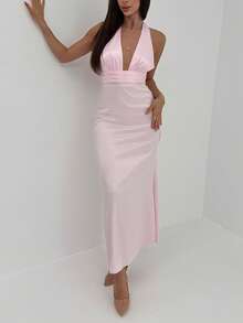 Aloruh Women's Deep V-Neck Ruched Waist Party Dress, Pink, Valentine's Day - Pink - View 7