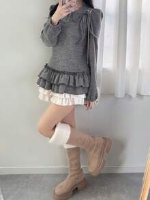 FRIFUL Áo thun nữ 2 trong 1, áo hai dây phối vải, áo khoác ngoài phối vải, áo thun ôm dáng ôm vừa vặn, kiểu dáng ngọt ngào, thường ngày, có nơ và bèo nhún. - Xám - Xem 5