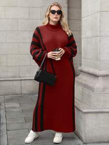 Juhart 大码女式纯色针织连衣裙，条纹袖口高领毛衣裙，适合圣诞节、万圣节、返校季、办公、度假等场合。 - 紅色 - 查看 7