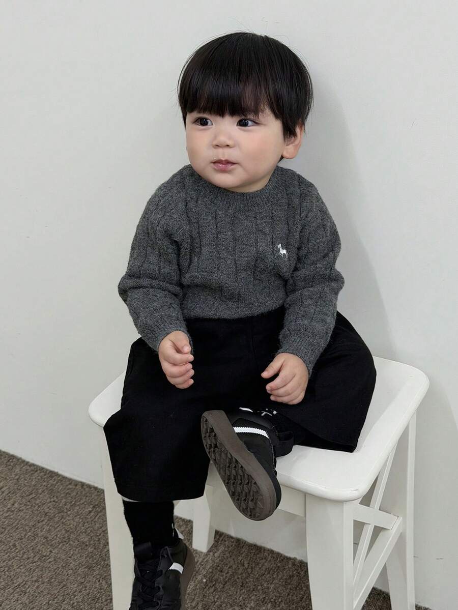 DAZY Toddler Boys' Crew Neck Cable Twist Cartoon Embroidery Solid Color Sweater - Dark Grey - View 1