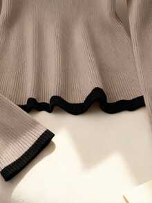 Franclia 法式优雅方领弹力修身长袖针织毛衣，撞色饰边可爱荷叶边针织上衣，适合日常穿着，秋冬 - 灰色 - 查看 4