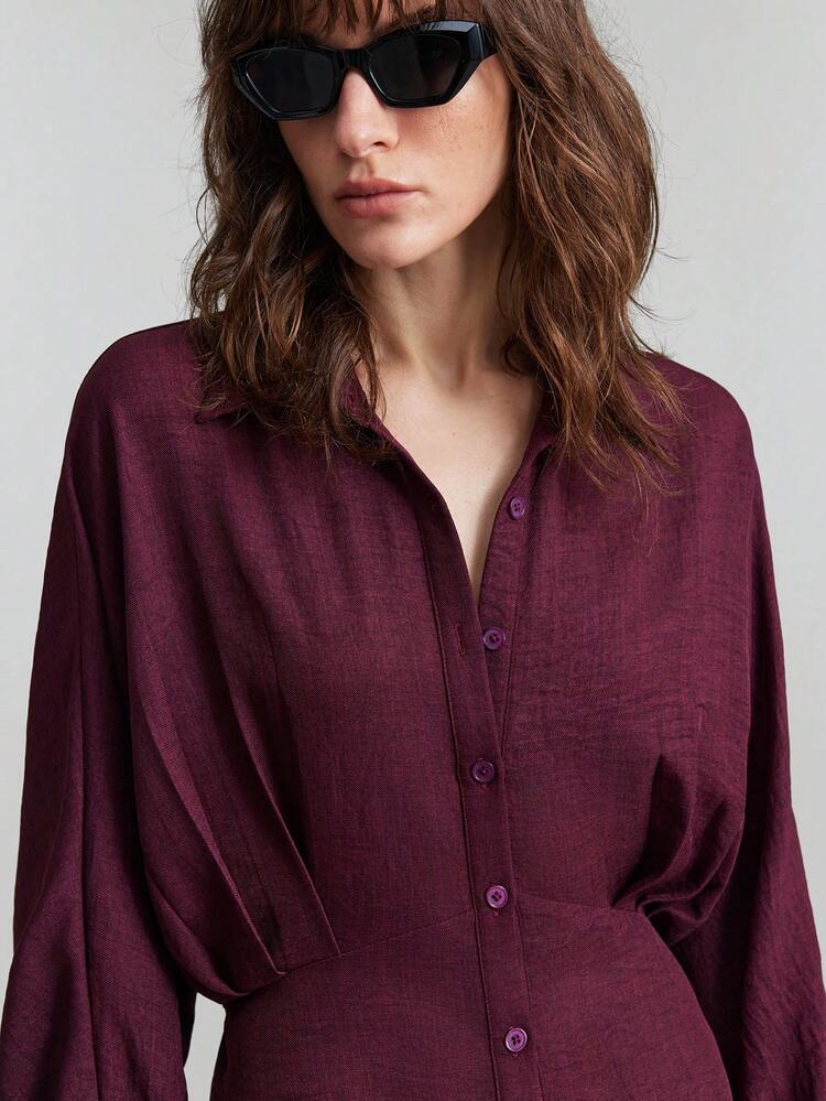 2026SS Summer Women's Solid Wine Red Batwing Sleeve Single-Breasted Casual Shirt Dress, Urban Chic Business Casual Elegant Versatile Dress For Daily Wear, Party, Dating