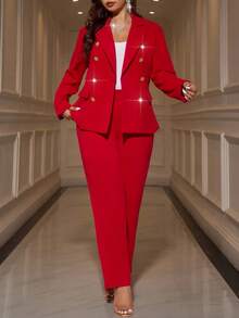 SHEIN Clasi 大码纯色简约日常穿着翻领长袖西装外套 - 紅色 - 查看 2