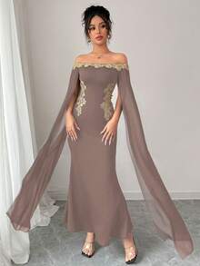 Rafferiza Váy đuôi cá dài trễ vai, eo thắt eo, họa tiết hoa vàng sang trọng, gợi cảm, thanh lịch, màu đen, xuân/hè - Cà phê nâu - Xem 4