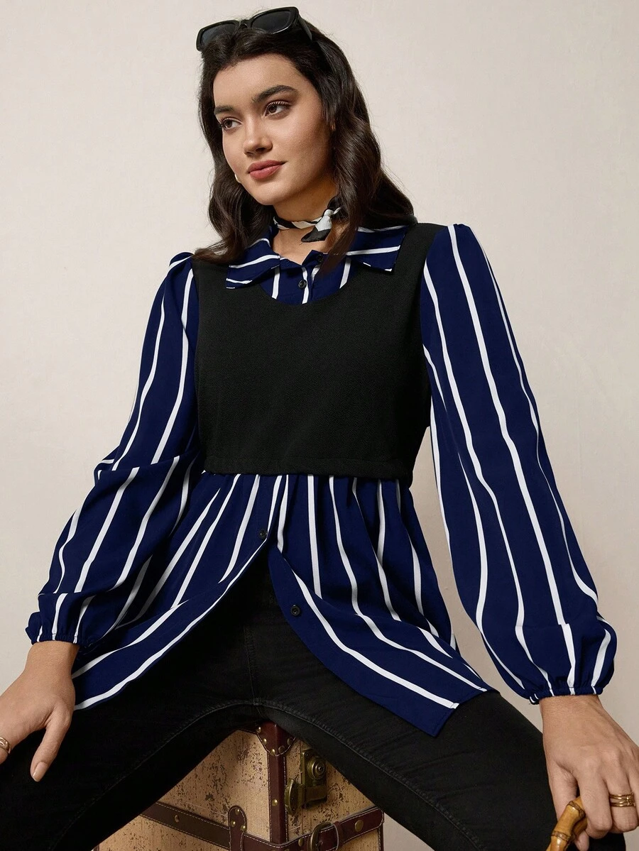 SHEIN LUNE 大码条纹拼接翻领长袖休闲衬衫 假日条纹上衣 女士优雅上衣 女士西部风上衣 女士衬衫 女士上衣 - 彩色 - 查看 1