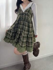 FRIFUL Colete feminino xadrez com alças, patchwork bordado, algodão, modelagem solta e versátil com laço decorativo, ideal para outono/inverno.