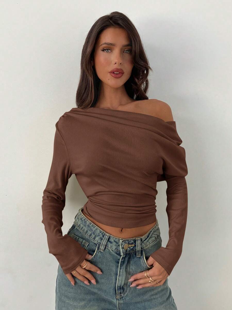 Aloruh Áo thun nữ dáng rộng bất đối xứng, áo thun trơn màu thắt nút xoắn, mặc đi làm hàng ngày và mặc ở nhà, áo thun dệt kim dài tay họa tiết lưới hoa - màu nâu - Xem 1